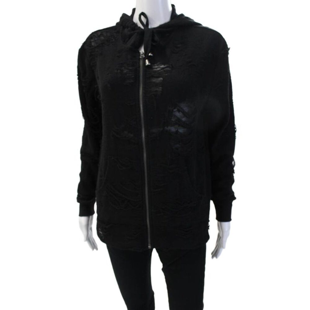 Twenty5A Womens Full-Zip Hoodie Black Long Sleeve Drawstring Grunge Size S